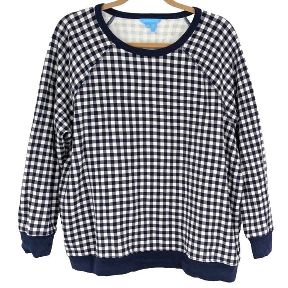 DRAPER JAMES Top SZ 1X Navy White Gingham Sweatshirt Boxy Preppy Cotton - Picture 1 of 12